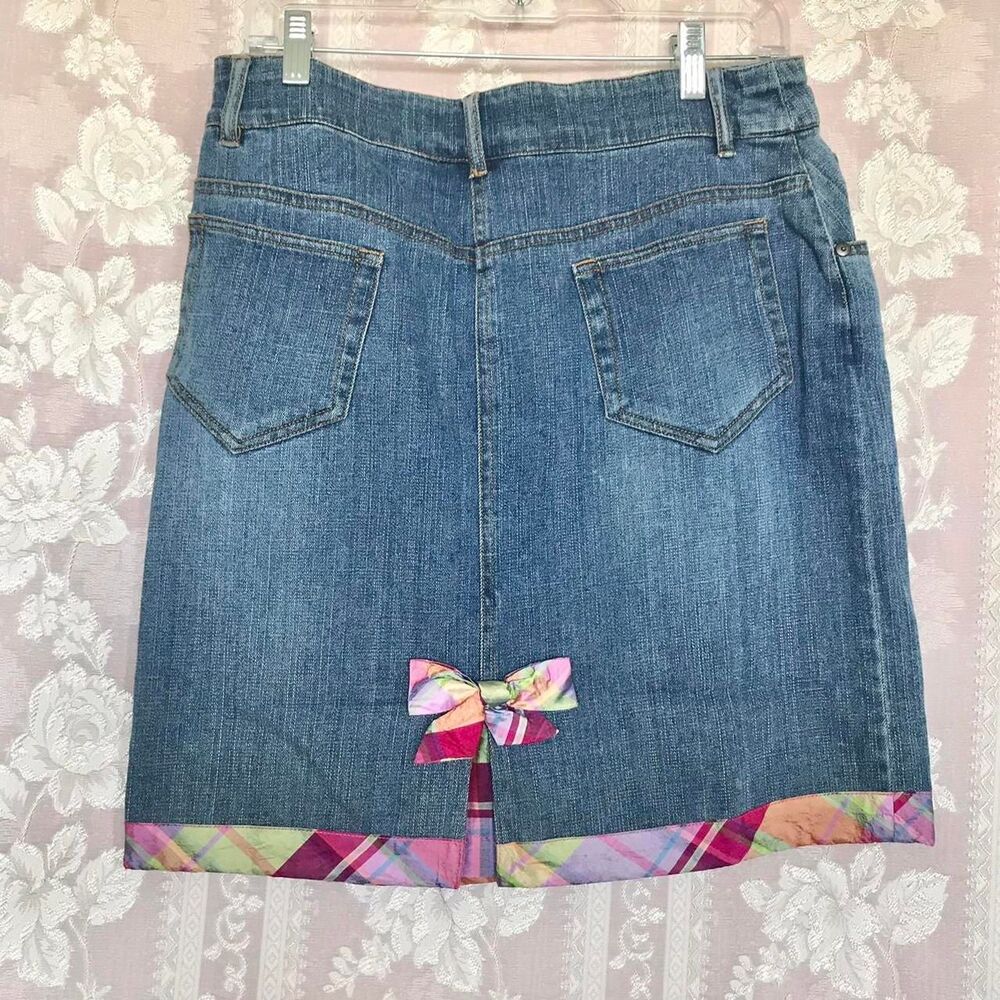 The Denim Tailor Women's Blue Denim Skirt with Pink Ribbon Trim